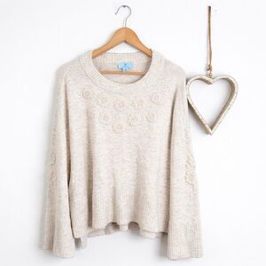 CeCe Women's Cream Floral Applique Sweater Soft Knit Cozy Cottagecore LARGE